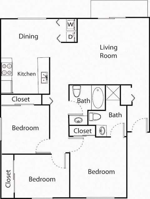 A floor plan of a house with a living room, dining room, kitchen, and four bedrooms.